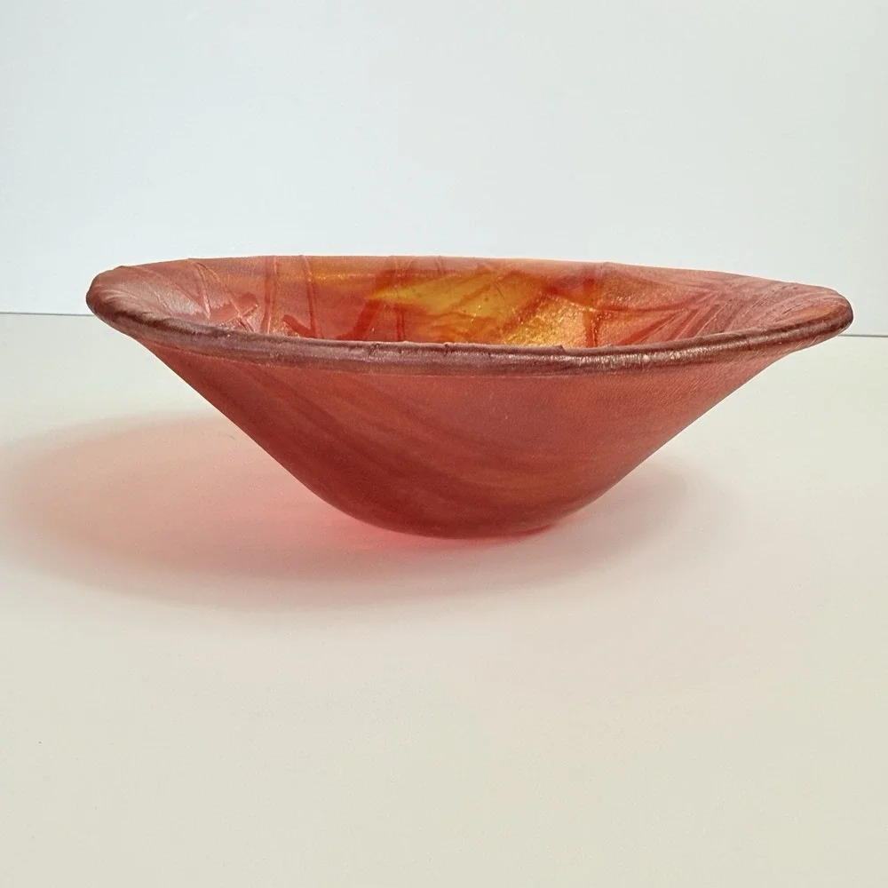 Vintage Red Orange Fused Art Glass Bowl Iridescent Abstract Line Dish